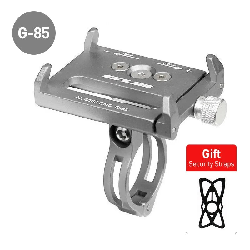 Gray aluminum bike phone mount with handlebar clamp and included security straps