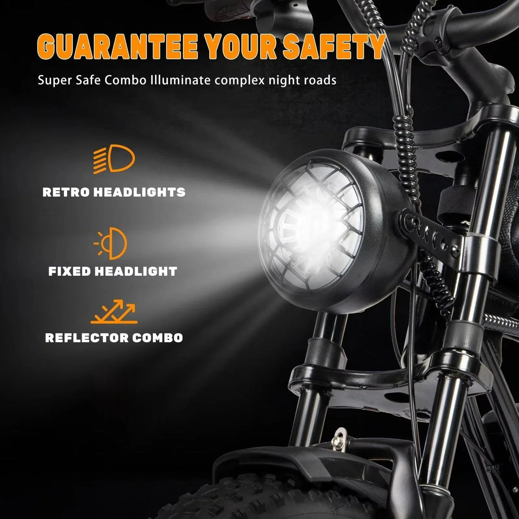 Front suspension fork with retro-style headlight and reflector for road visibility.