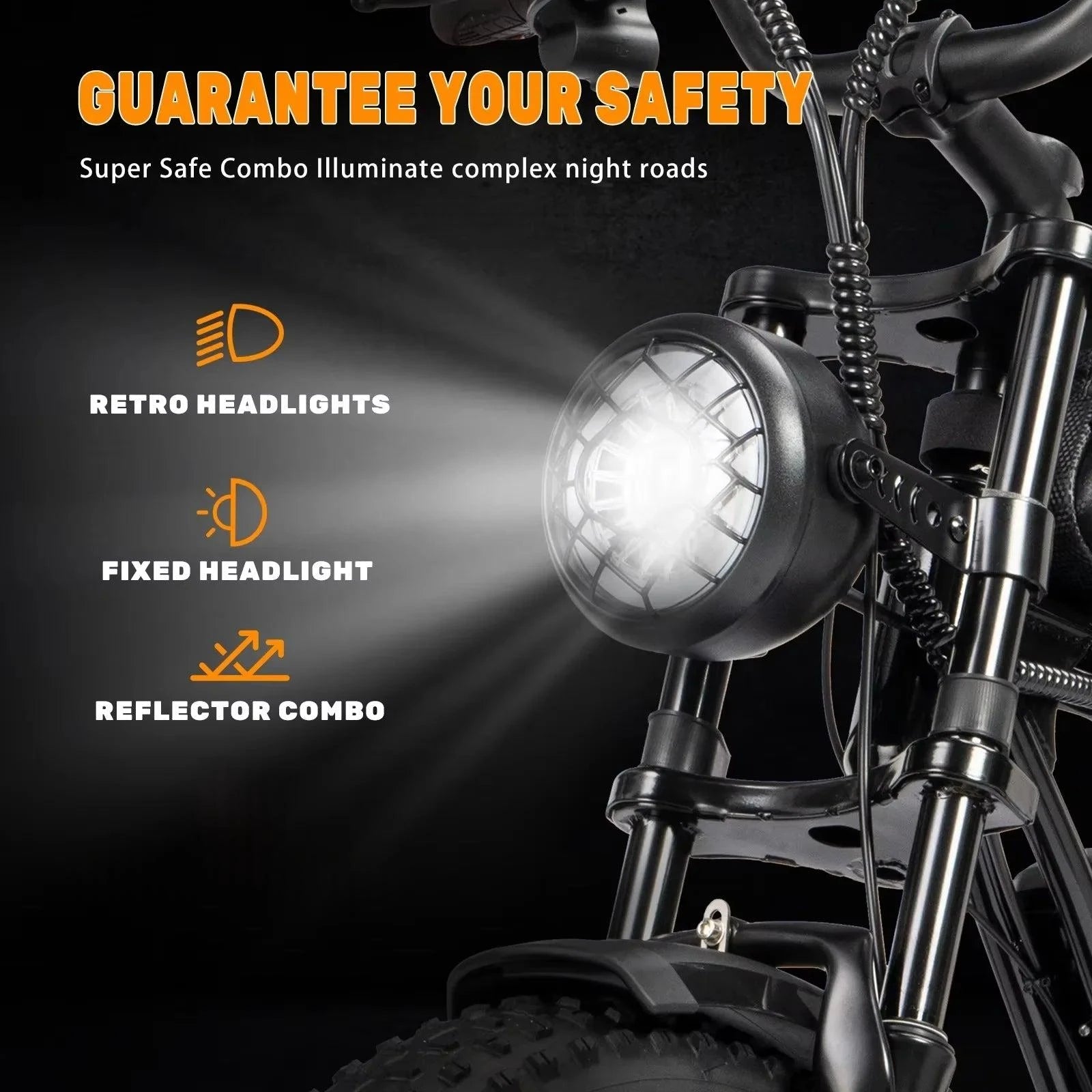 Front suspension fork with retro-style headlight and reflector for road visibility.