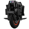 Electric unicycle front view with black housing, knobby tire, and side footpads