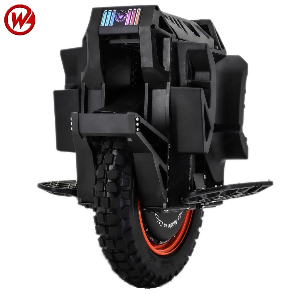 Electric unicycle front view with black housing, knobby tire, and side footpads