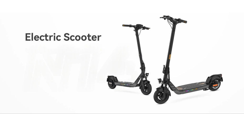 Foldable electric scooter shown in two angles with black frame and gold accents