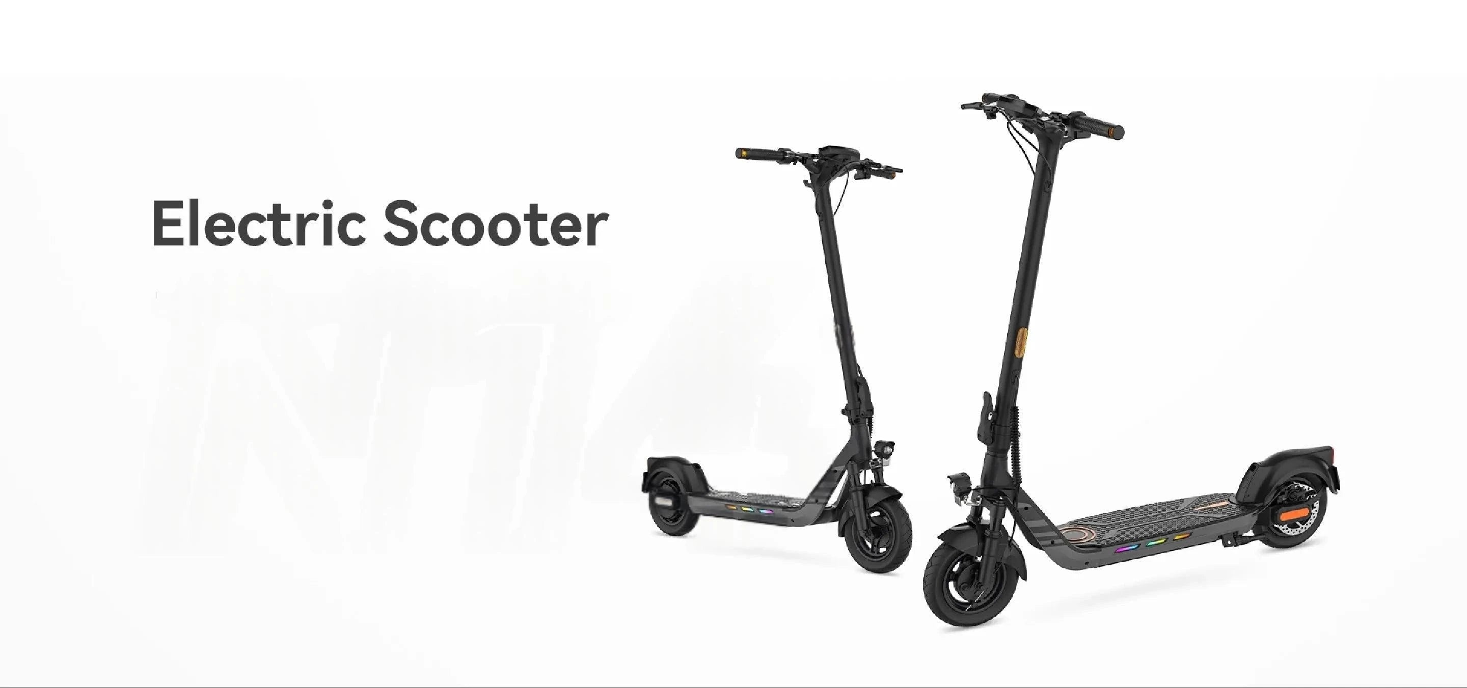 Foldable electric scooter shown in two angles with black frame and gold accents