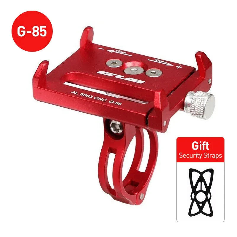 Red aluminum bike phone mount with handlebar clamp and adjustment knob, G-85