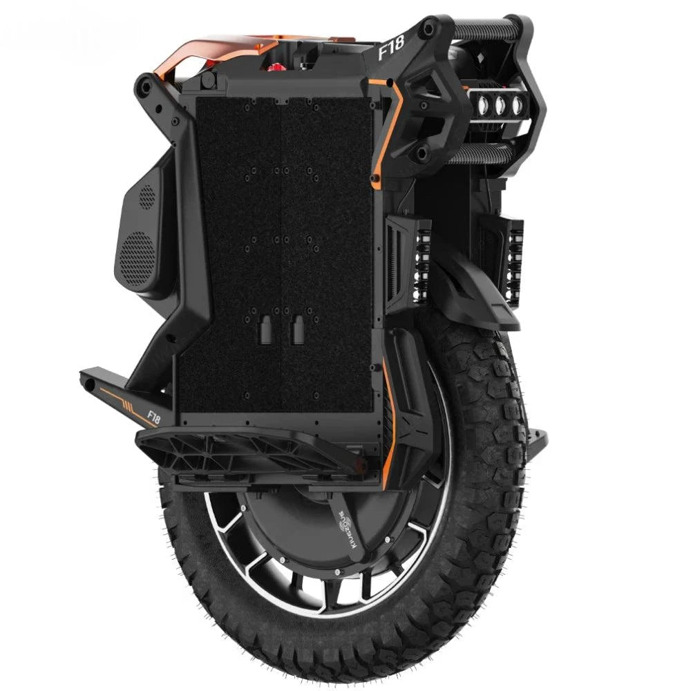 Electric unicycle three-quarter view with black body, thick tread tire, orange trim on edges