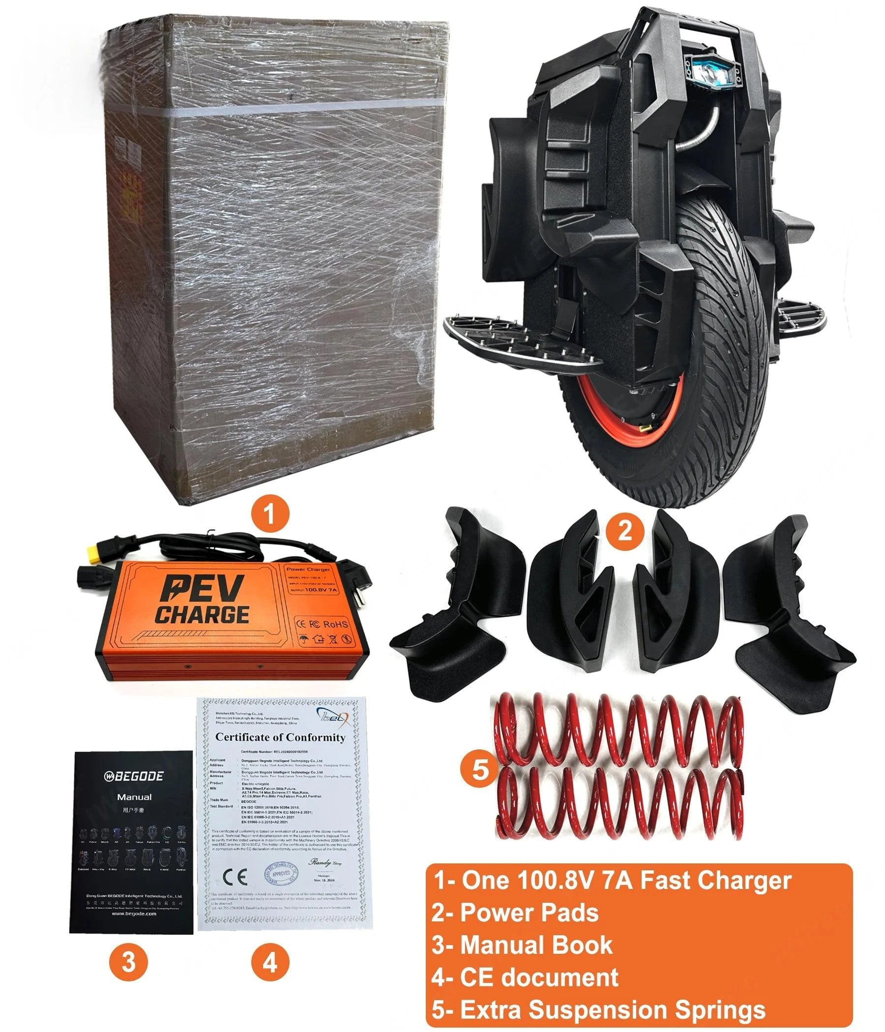 Electric unicycle bundle with fast charger, power pads, manual, and suspension springs