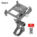 Gray aluminum bike phone mount with handlebar clamp and knurled adjustment dial, Plus 11
