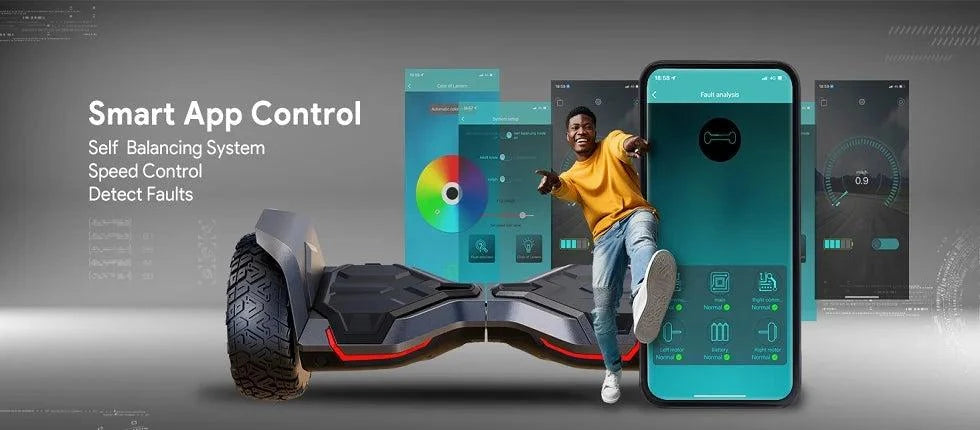 All-terrain hoverboard with red trim, shown with app control on phone screens