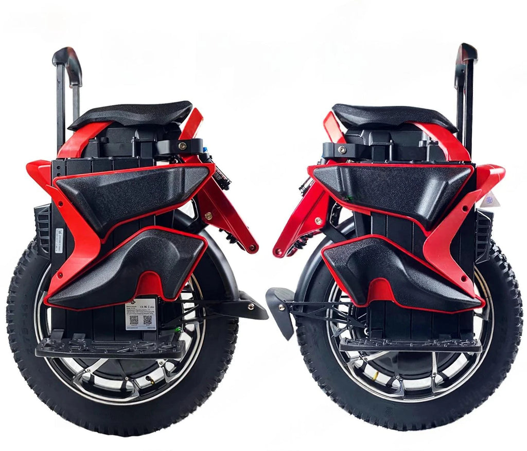 Pair of red and black electric unicycles shown from front-left and front-right angles.