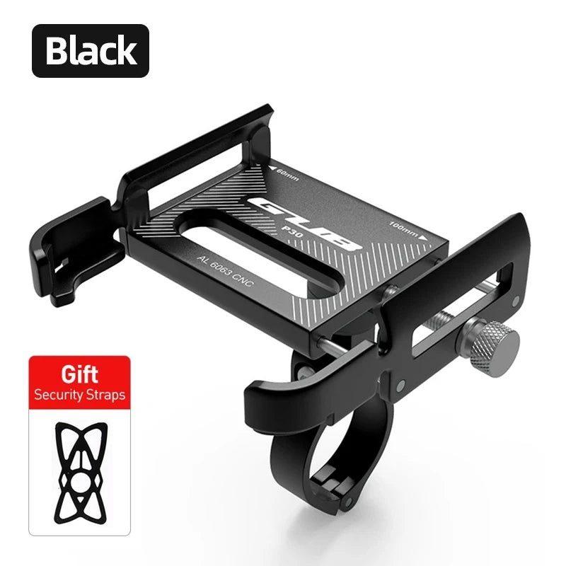 Black aluminum phone mount with handlebar clamp and included security straps