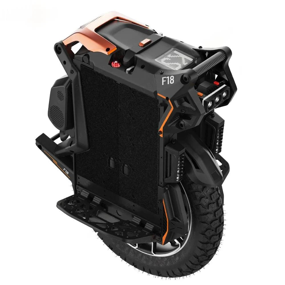 Electric unicycle rear three-quarter view with black body, orange trim, textured handle and controls