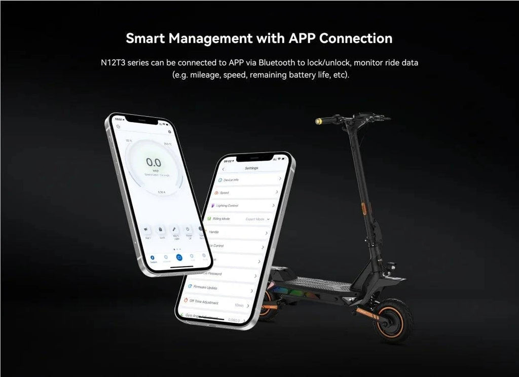 KingSong N12T3 electric scooter connected to a smartphone app for monitoring