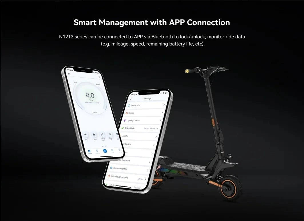 KingSong N12T3 electric scooter connected to a smartphone app for monitoring