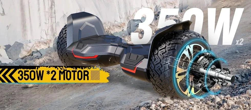 Blue-lit all-terrain hoverboard with dual wheels and rugged tire tread
