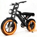 Electric bike with black frame and orange LED ring lights, front three-quarter view.