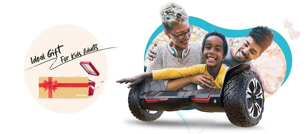 All-terrain hoverboard carrying family, with gift card graphic beside it