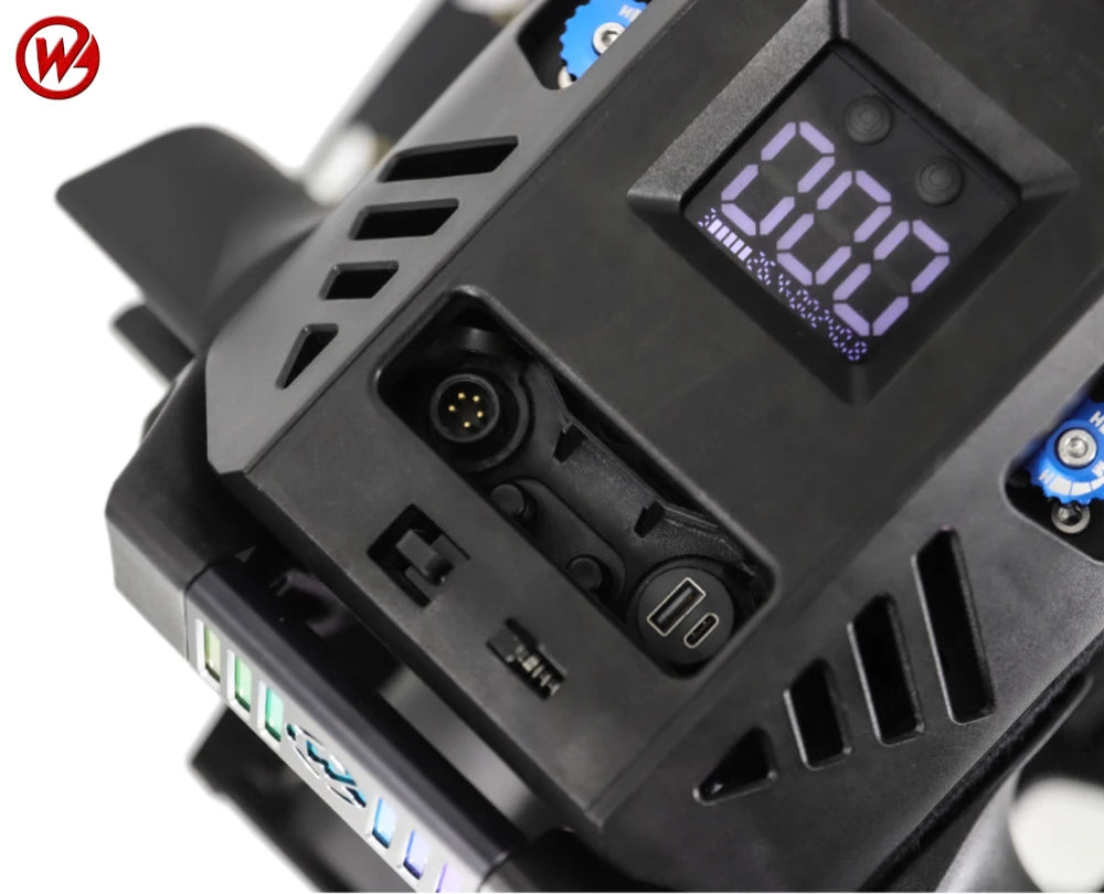 Electric unicycle connection panel with ports and digital battery meter on black frame
