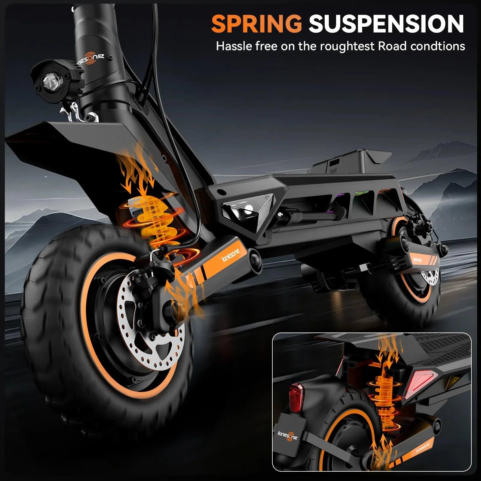 Black electric scooter showing spring suspension on front fork and rear shock