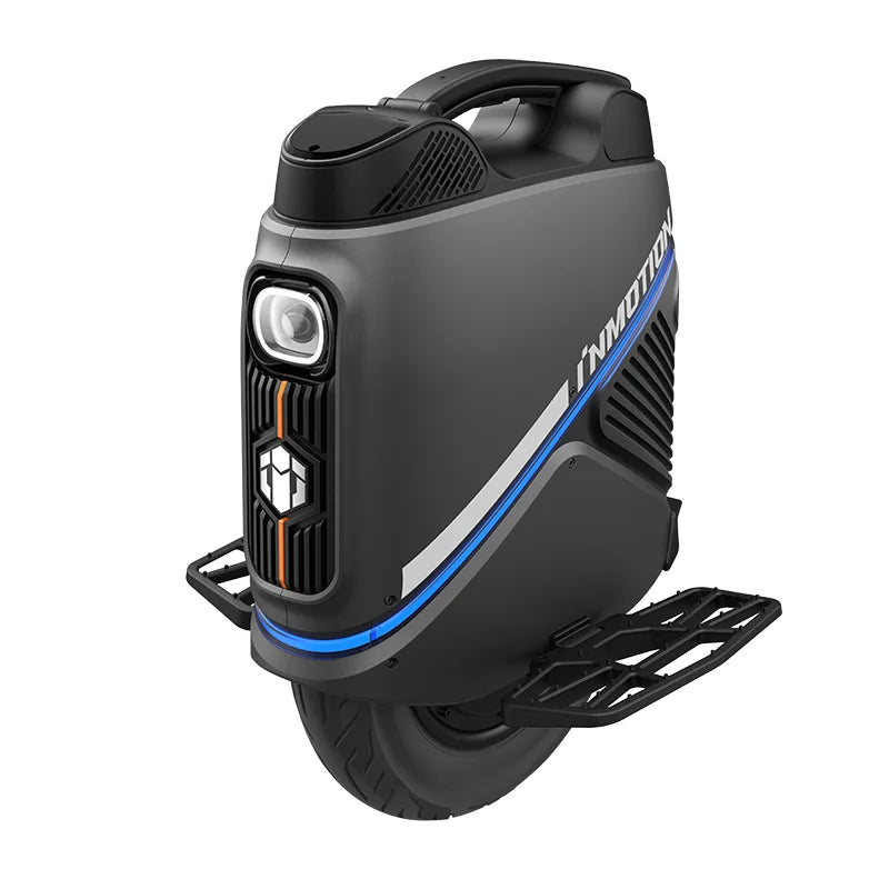Electric unicycle side three-quarter view with white headlight and blue strip