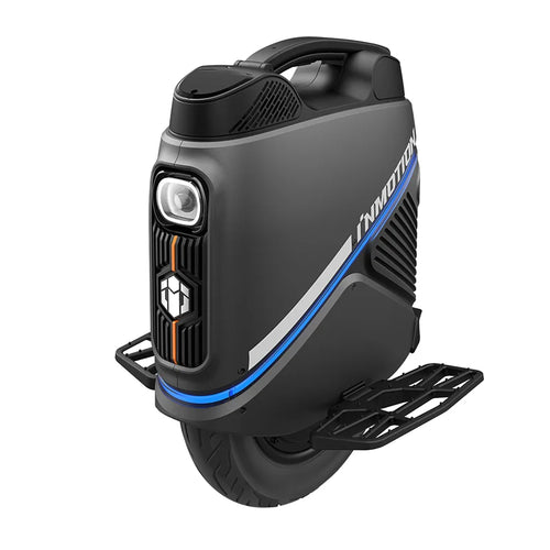 Electric unicycle side three-quarter view with white headlight and blue strip