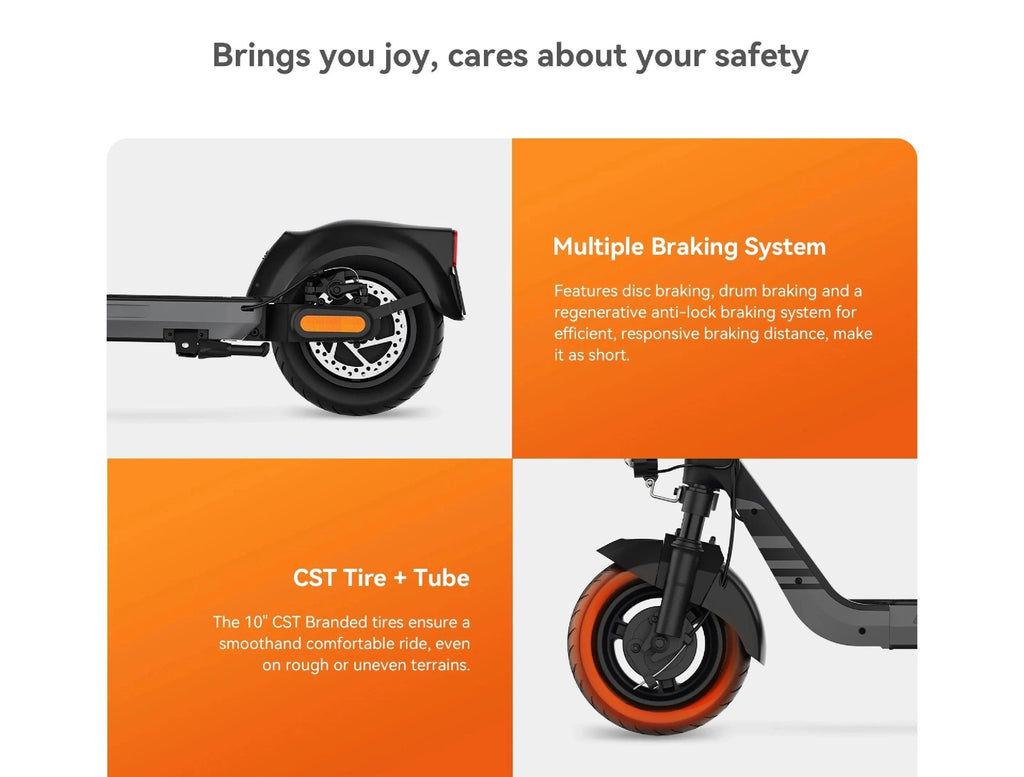 Black electric scooter rear wheel with tire and braking system detail