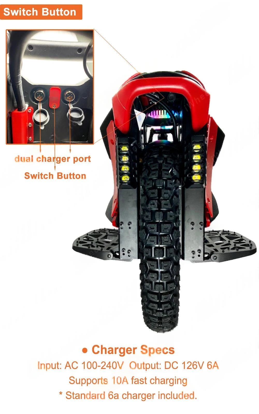 Red electric unicycle front with dual charger port area and switch button.