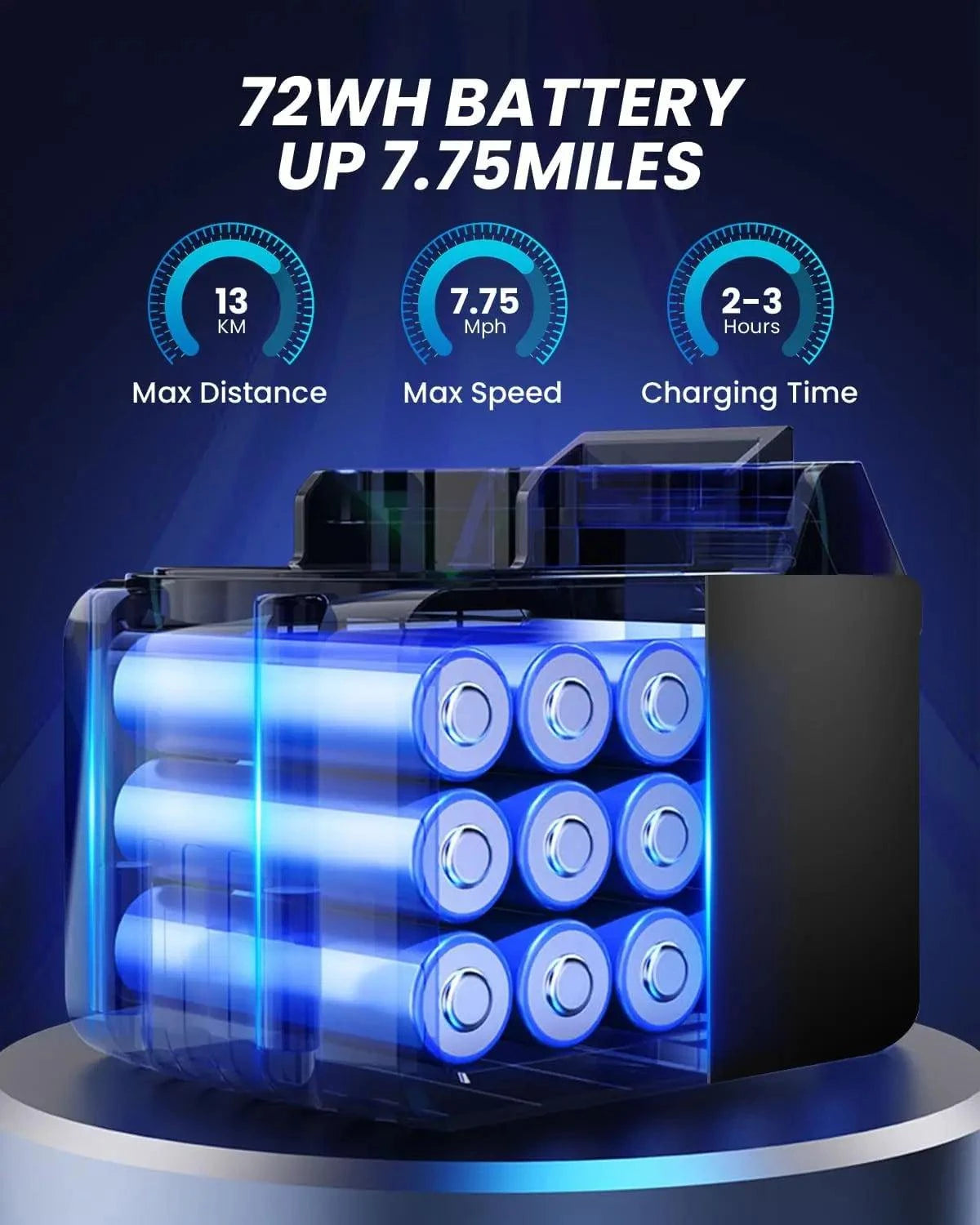 72Wh battery pack in hoverboard housing with blue LED light cells display