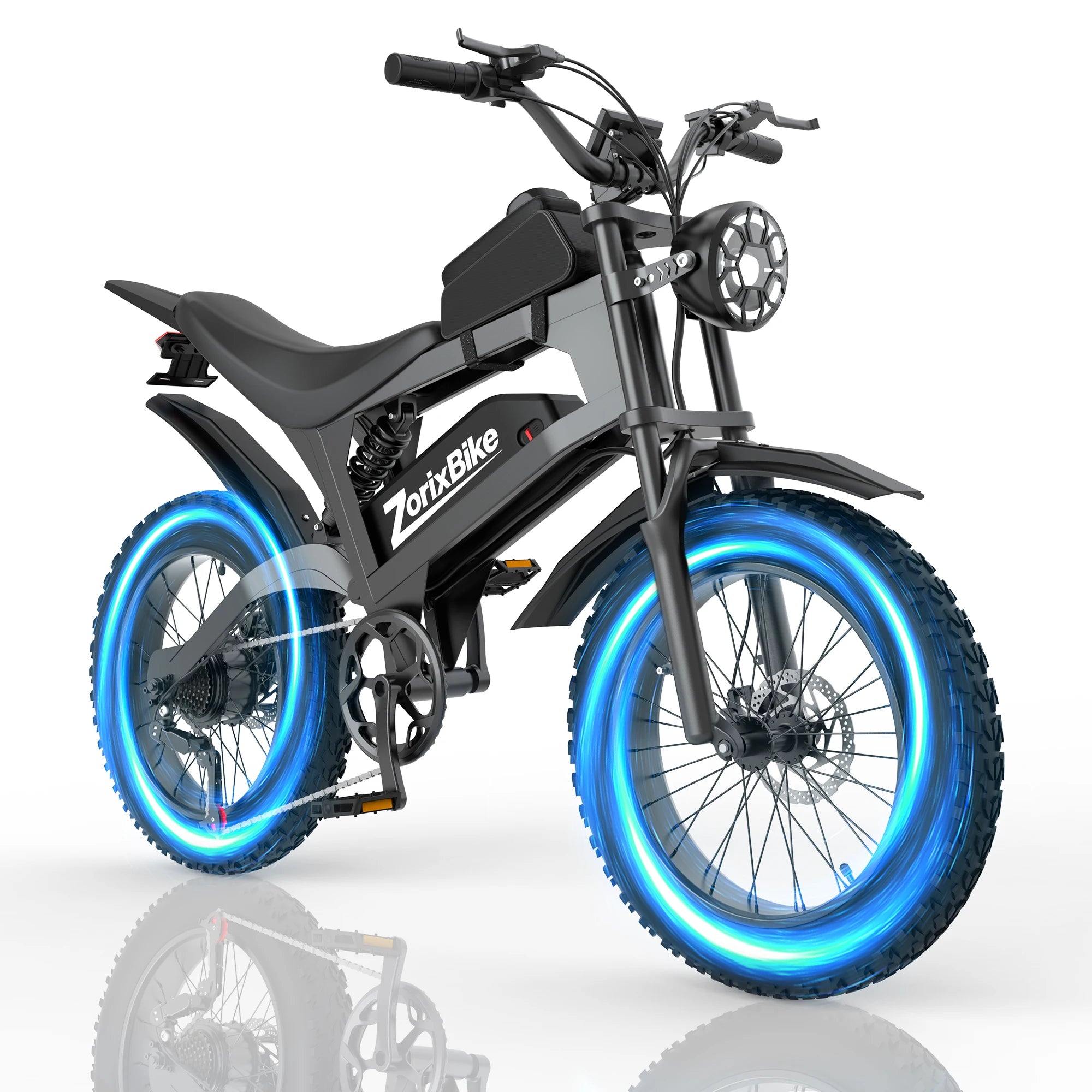 Black electric dirt bike with blue LED wheel rings, front suspension, headlight