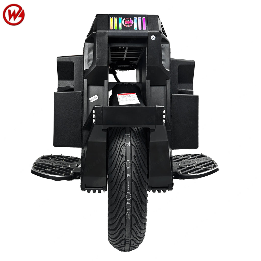 Electric unicycle rear view with black guard panels, front footpads, and knobby tire