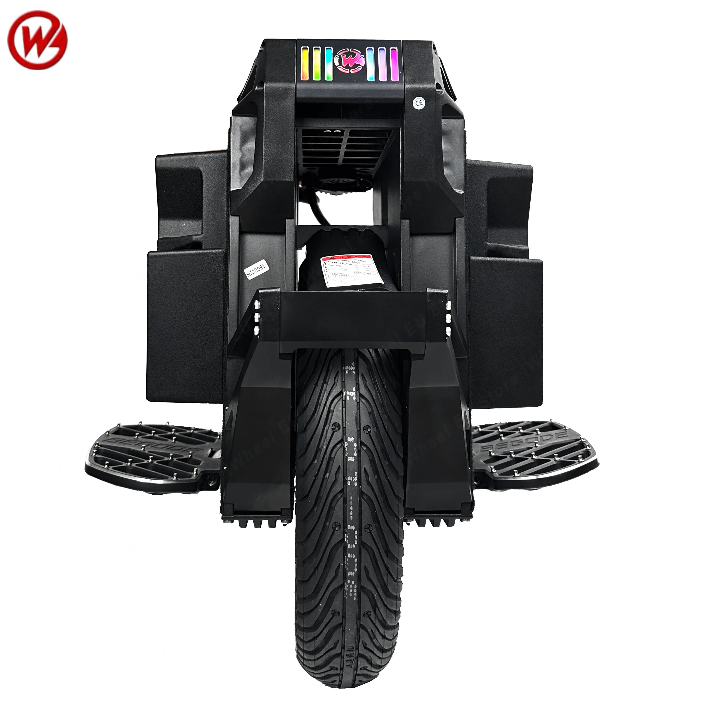 Electric unicycle rear view with black guard panels, front footpads, and knobby tire