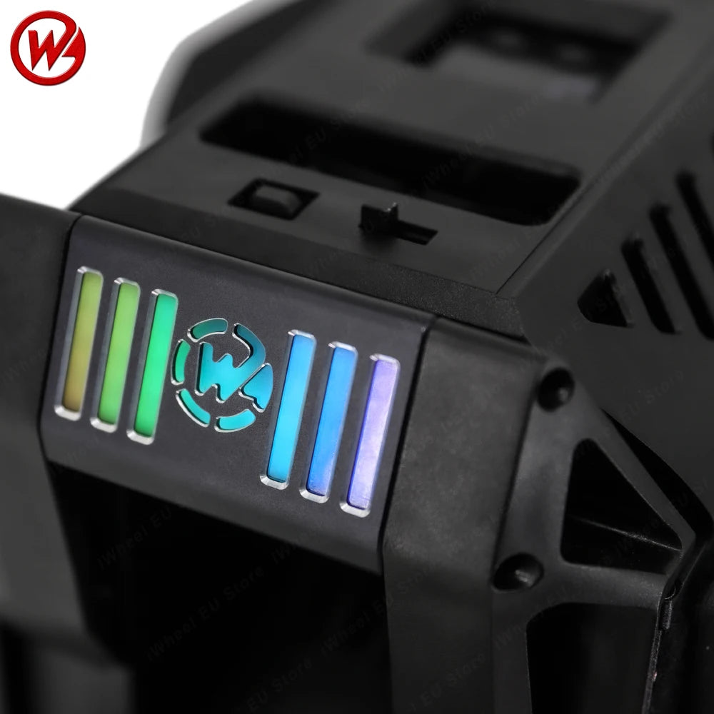 Electric unicycle battery cover with multicolor LED level indicators on black casing