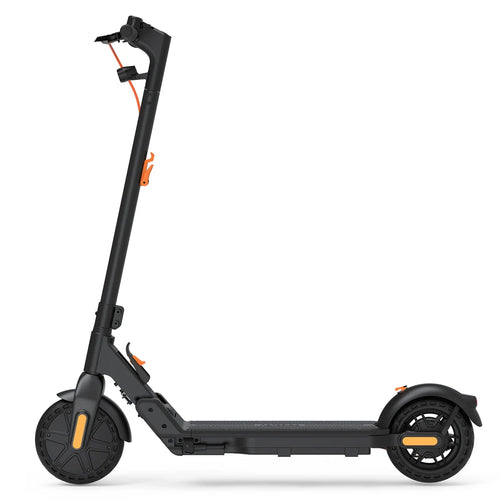 Black foldable electric scooter, side profile with front orange reflector light