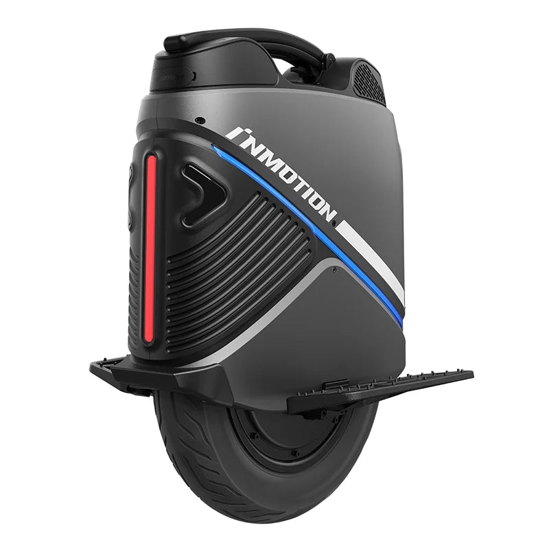 Electric unicycle side view with red vertical light and blue diagonal stripe