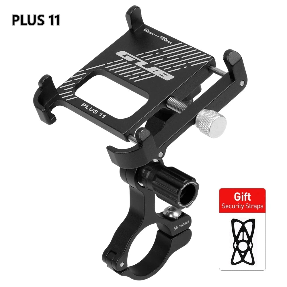 Black aluminum bike phone mount with handlebar clamp and knurled adjustment dial, Plus 11