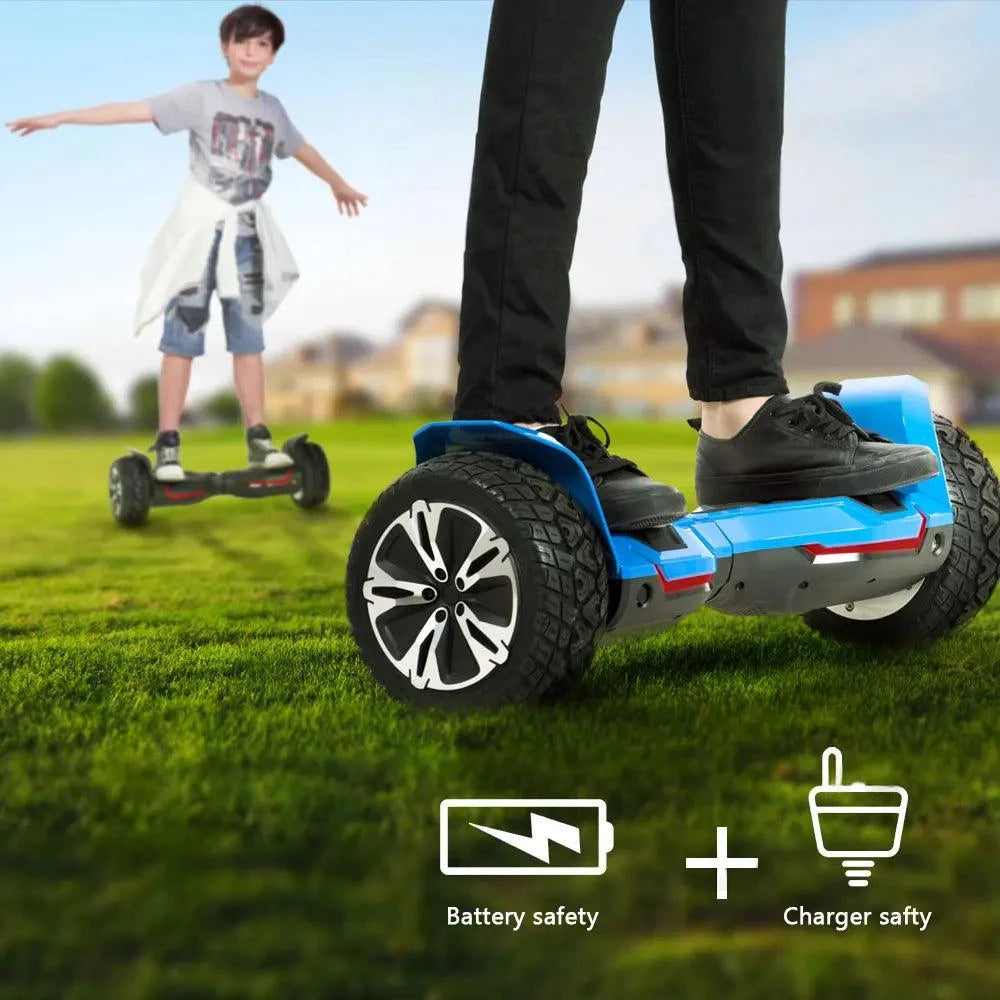 Blue all-terrain hoverboard with large wheels and self-balancing foot platforms