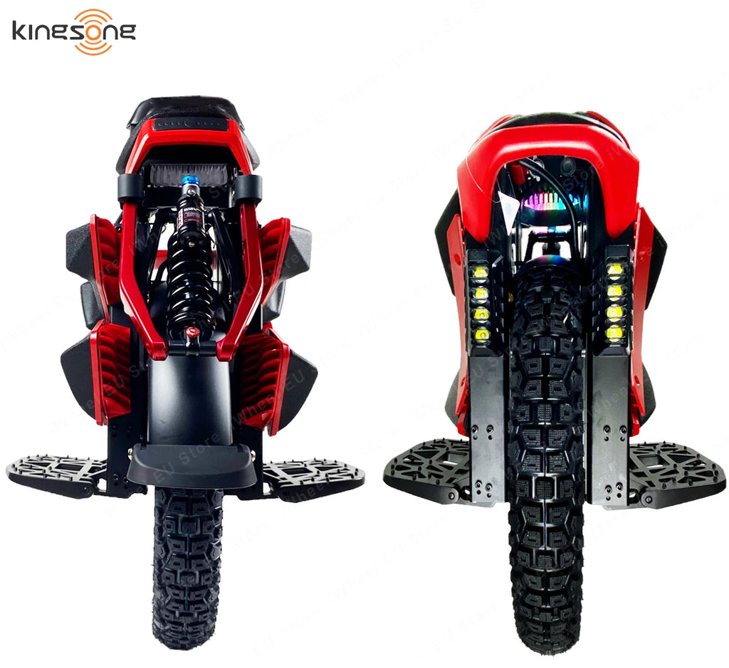 Electric unicycle shown from front and rear with red frame, black wheels, and foot platforms.