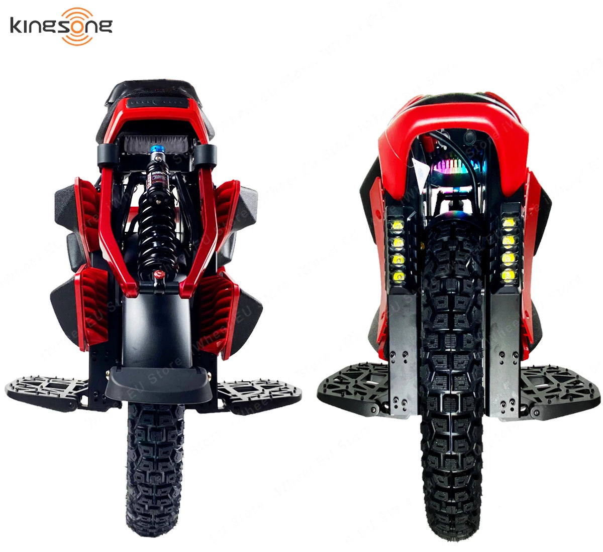 Electric unicycle shown from front and rear with red frame, black wheels, and foot platforms.