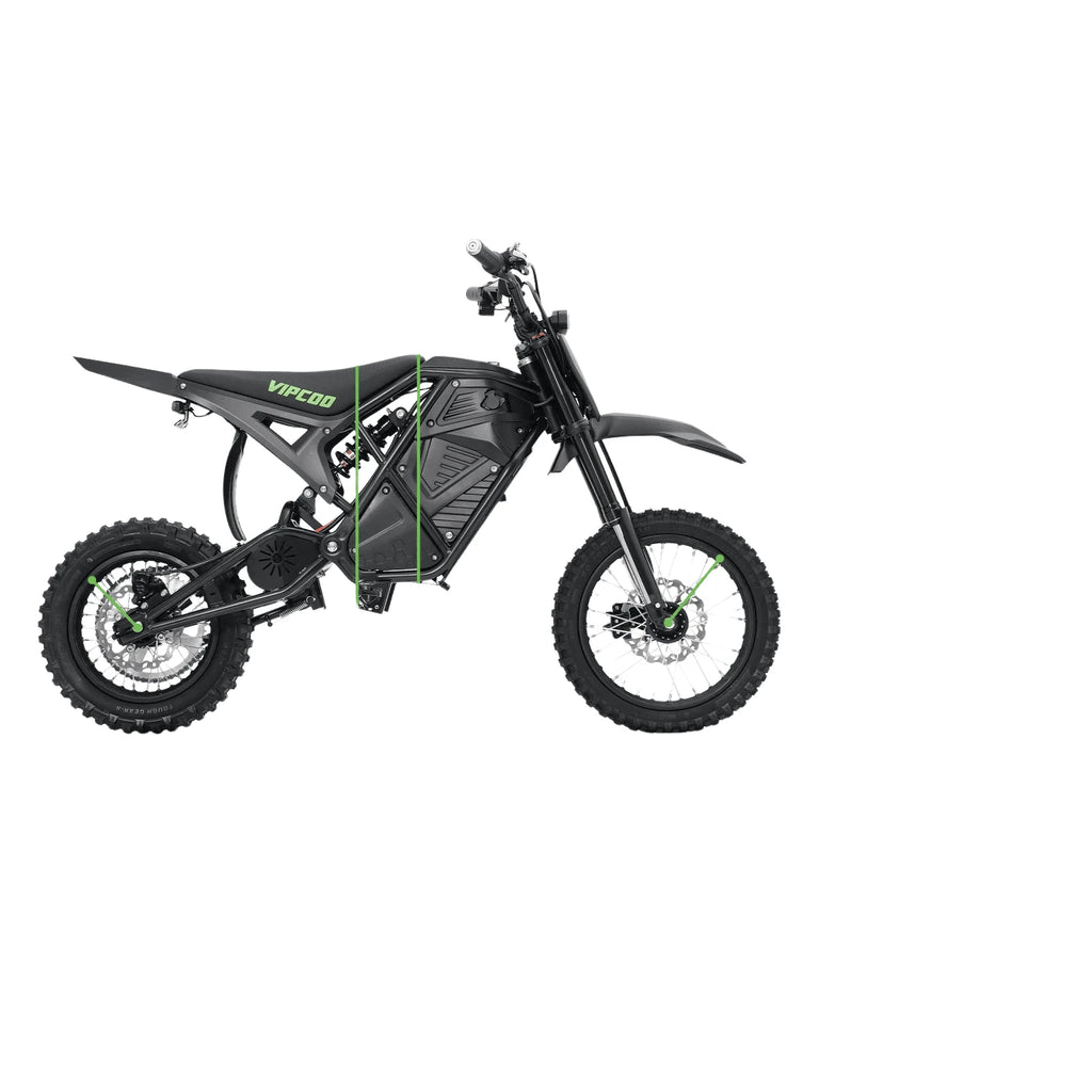 Black and green electric dirt bike, side view with removable battery housing