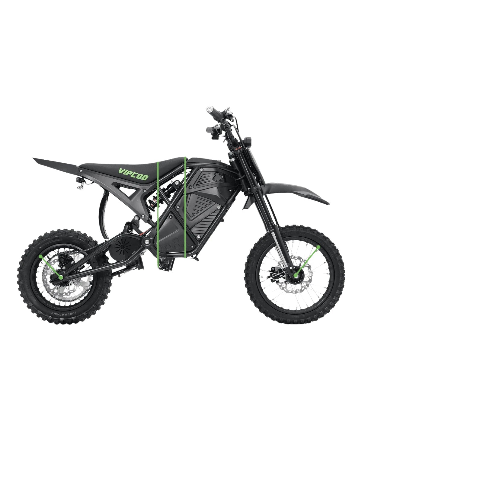Black and green electric dirt bike, side view with removable battery housing