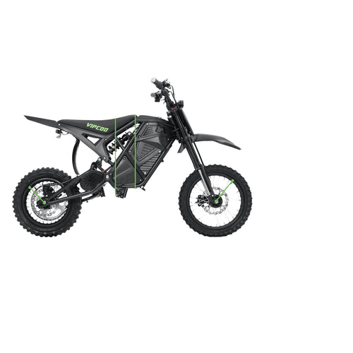 Black and green electric dirt bike, side view with removable battery housing