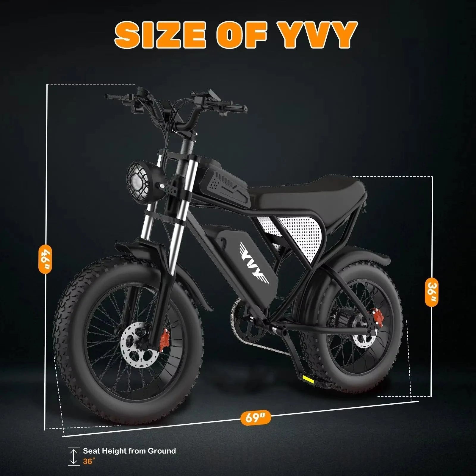 Compact electric fat-tire bike with front suspension, black frame, and cushioned seat.