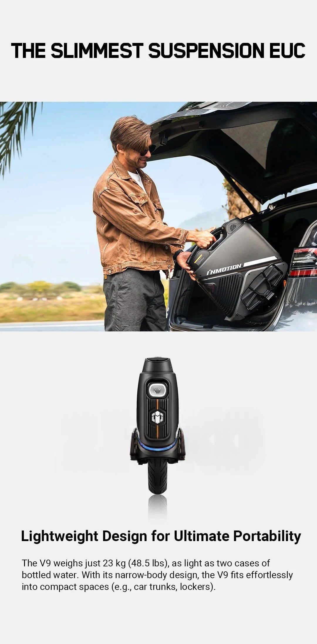 INMOTION V9 electric unicycle, upright design with slim profile and dark body