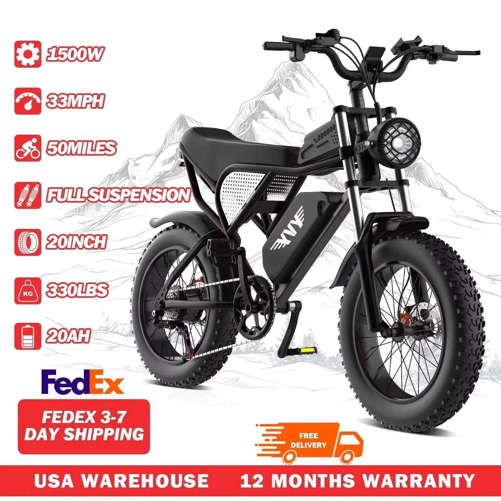 Electric full-suspension fat-tire bike, black frame with front headlight and LED display.