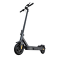 Shock-absorbing e-scooter standing upright, black frame with front wheel