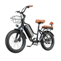 Black fat tire electric bike with front basket and brown saddle seats, front 3/4