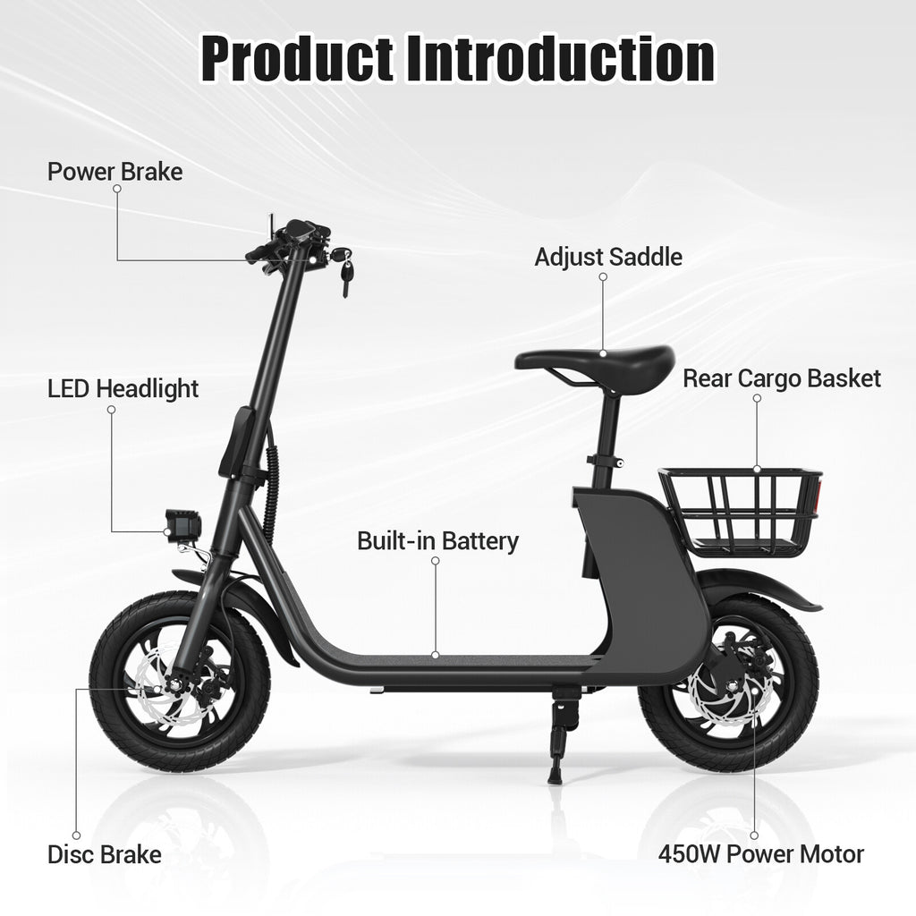 450W Sports Electric Scooter Adult with Seat Electric Moped Ebike E-Scooter
