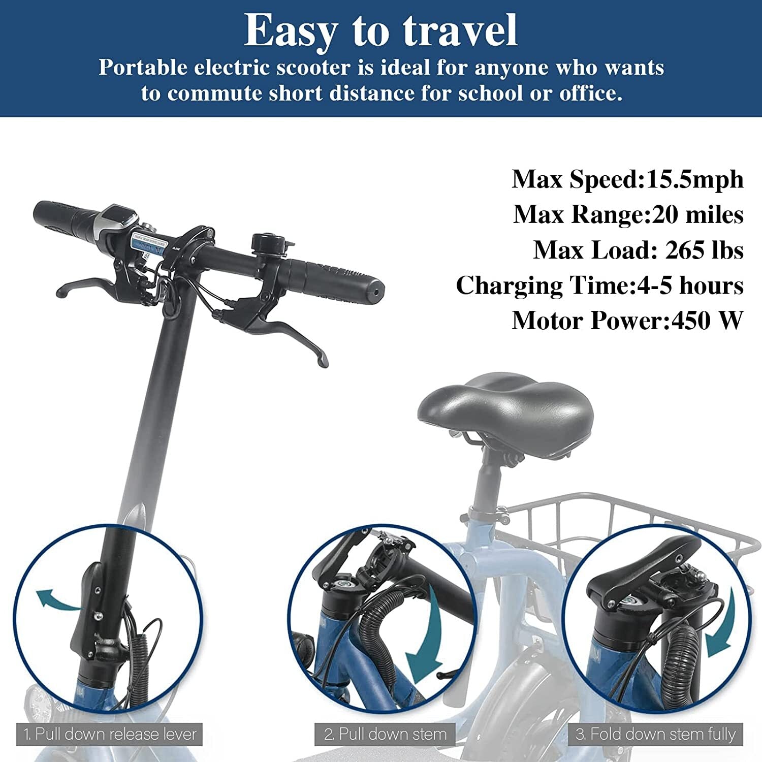450W Sports Electric Scooter Adult with Seat Electric Moped Ebike E-Scooter